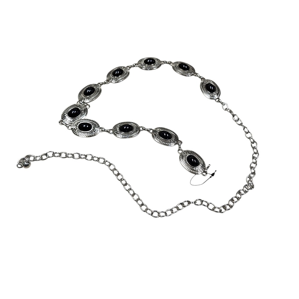 Vintage Silver Tone Concho Chain Belt Black Oval Gem Western‎ Southwestern Rodeo